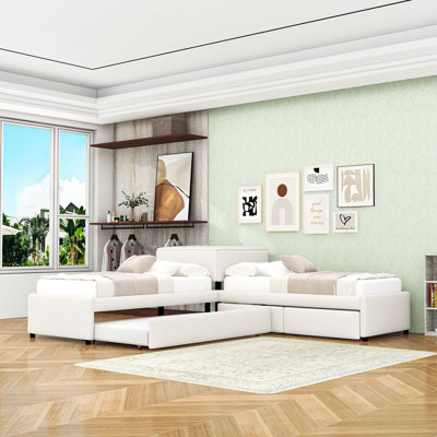 Twin L-Shaped Platform Bed with Built-In Desk, Twin Trundle, and Storage Drawers