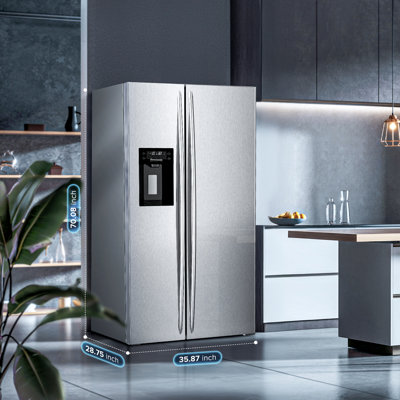 21 pieds cubes Réfrigérateur côte à côte de 36 po de profondeur avec distributeur d'eau et de glace, dégivrage automatique, acier inoxydable gris, pour la cuisine / le bureau / commercial