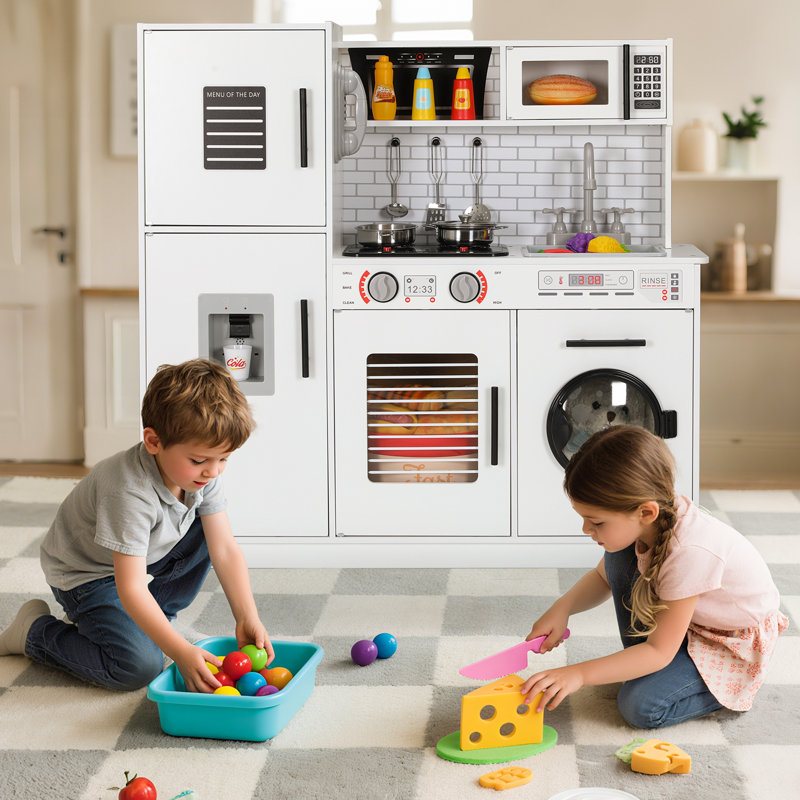 Play Kitchen For Age 3+ Kids, Wooden Chef Pretend Toy Kitchen Washing Machine, Realistic Stove Lights & Sounds, Complete Pretend Set for Preschoolers, Water Dispenser, Stove, Telephone, Range Hood, Oven, Sink(white)