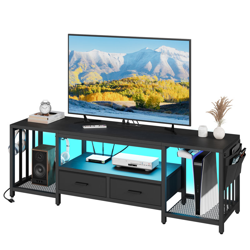 TV Stand for 65 Inch TV, LED Entertainment Center with Fabric Drawers and Power Outlets, Modern Industrial TV Media Console for Living Room, Bedroom Storage Cabinet - Black