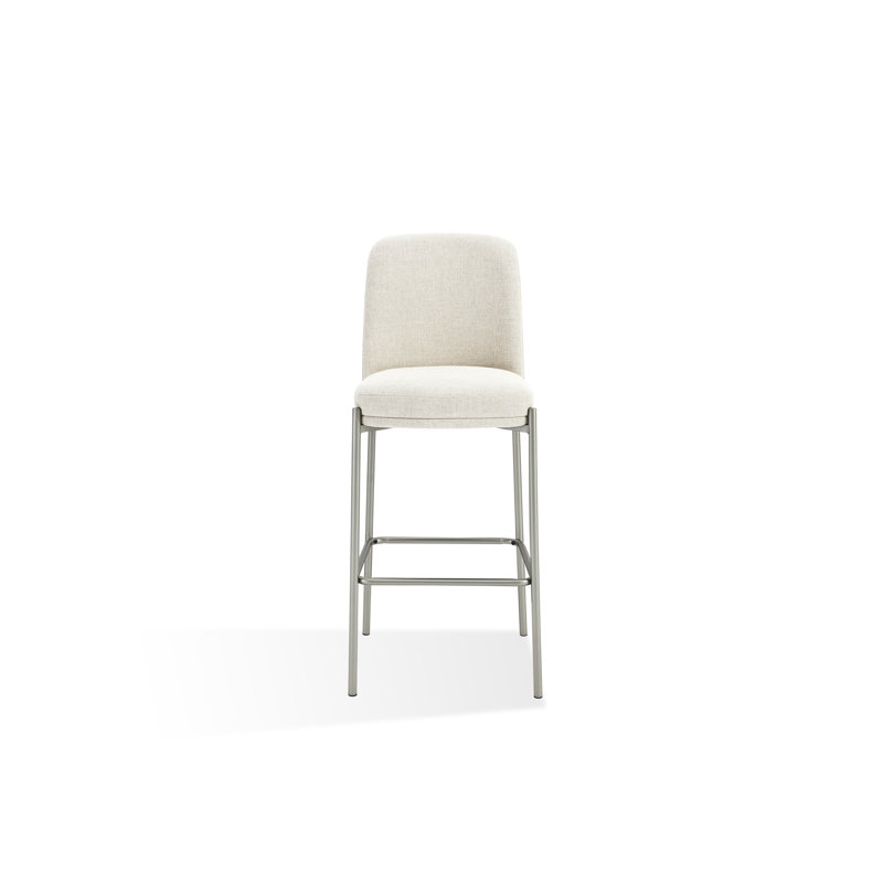 Dion Upholstered Bar Stool In Natural Light Linen And Brushed Nickel Metal