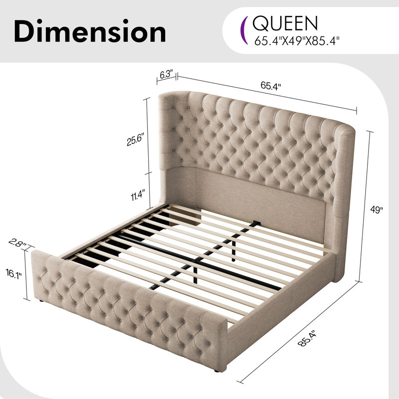 Deep Tufted Headboard Upholstered Wingback Bed, Beige, Queen