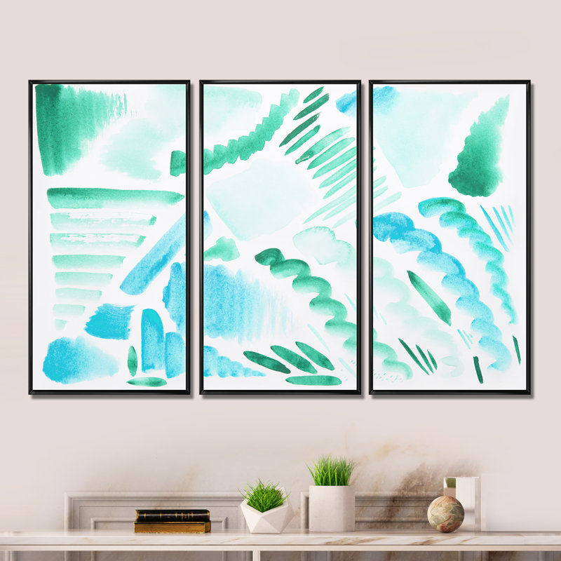 Éléments graphiques rétro en bleu et vert I - ensemble d'art mural moderne sur toile encadrée 3, H 28 po x l 36 po x P 1 po
