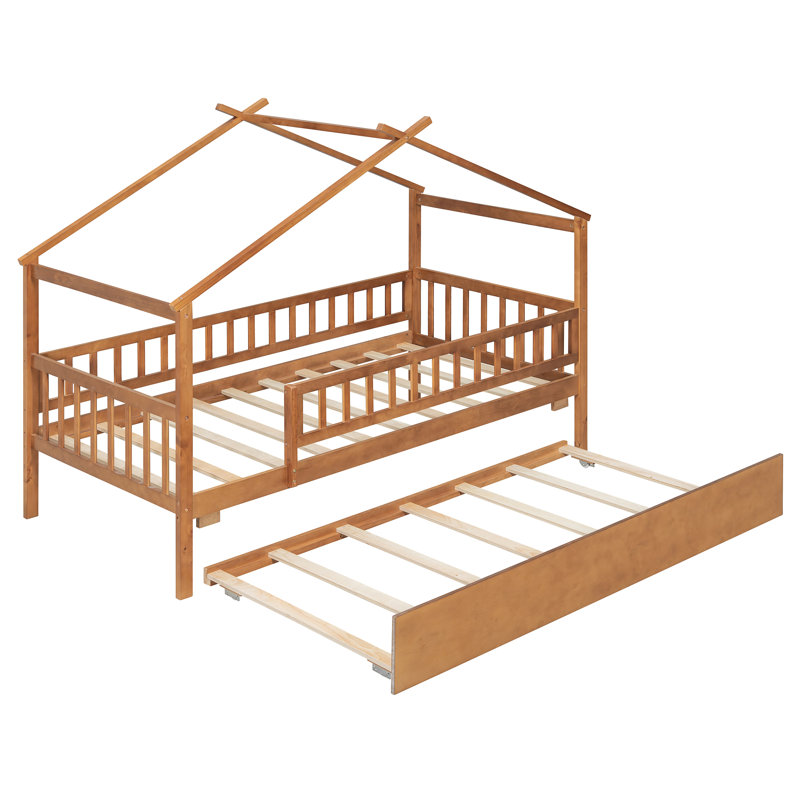 Lit simple en bois avec lit gigogne simple, noyer, Noyer, Lit simple