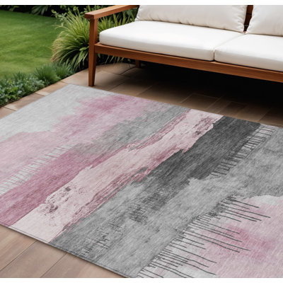 Tapis intérieur/extérieur lavable, rose et anthracite, à motifs abstraits, 2,74 m x 3,66 m