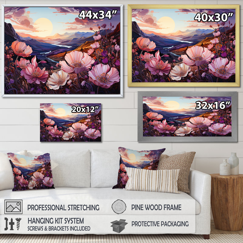 «Violets Flowers Mountain Charm» sur toile, Toile tendue, H 16 po x l 32 po x P 1 po