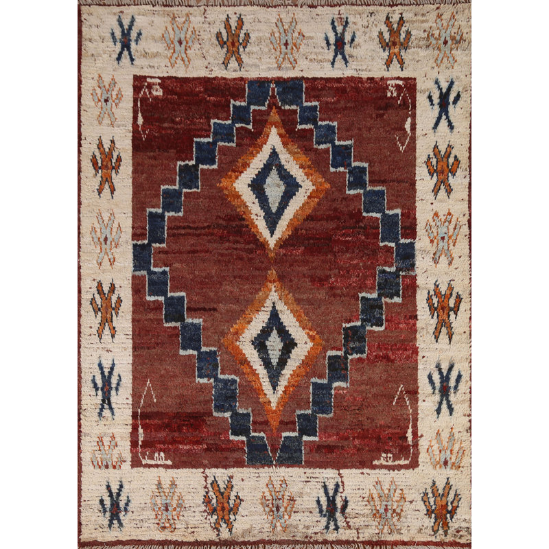 Tapis brun en laine noué à la main de conception unique 5 pi 2 po x 6 pi 5 po New Age