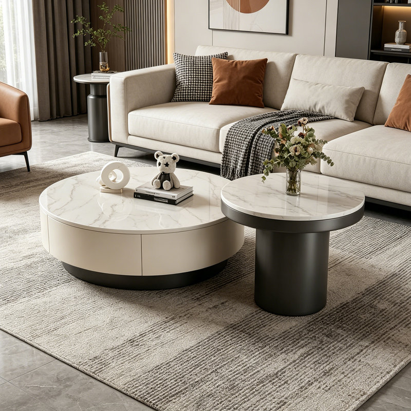 Grande table basse de luxe moderne avec tiroirs de rangement, 12.99" H x 27.55" L x 27.55" W, White/Black