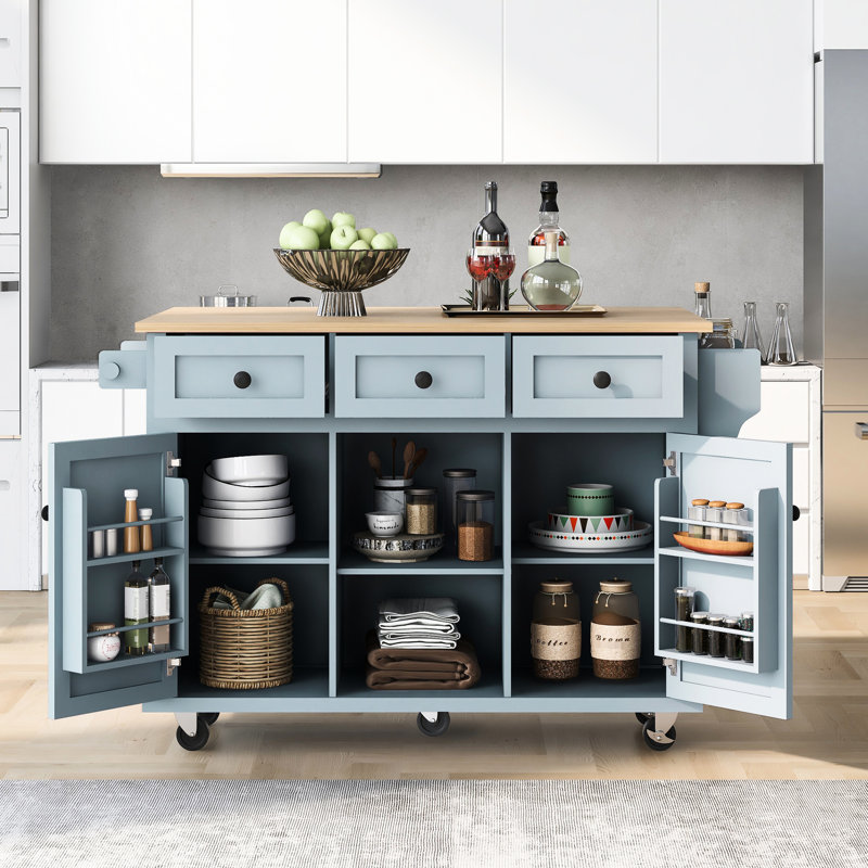 Îlot de cuisine avec rangement interne, 5 roulettes, abattant gris-bleu, 3 tiroirs pour un espace de bureau fonctionnel