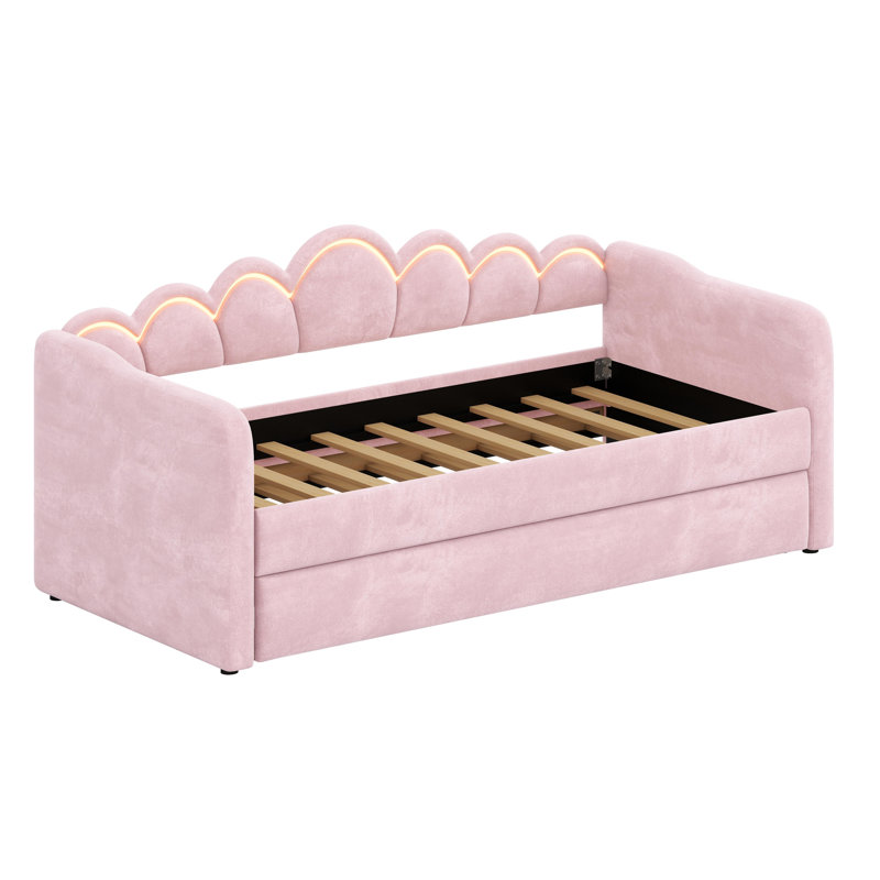 Contemporary Padded Daybed with Illumination and Multi-Position Trundle System, Pink