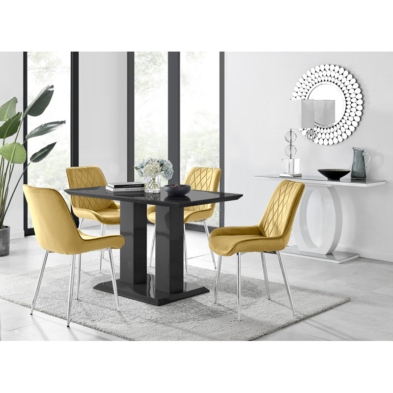 Edzard Double Pedestal High Gloss Dining Table Set with 4 Luxury Velvet Dining Chairs, Black, Yellow/Black
