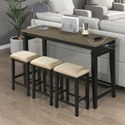 Ensemble de 4 tables de salle à manger à hauteur de comptoir avec tabourets rembourrés, ports de charge USB, meubles de cuisine, finition noyer et noir