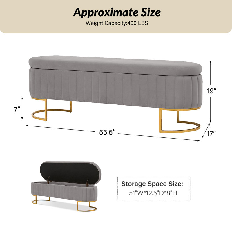 Banc de rangement rembourré Ferdinand, H 19 po x l 55,5 po x P 17 po, Gris