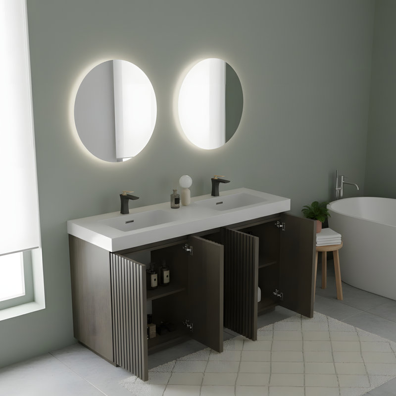 Grand lavabo de salle de bain indépendant, lavabo blanc intégré, Oak/Smoke, Blanc