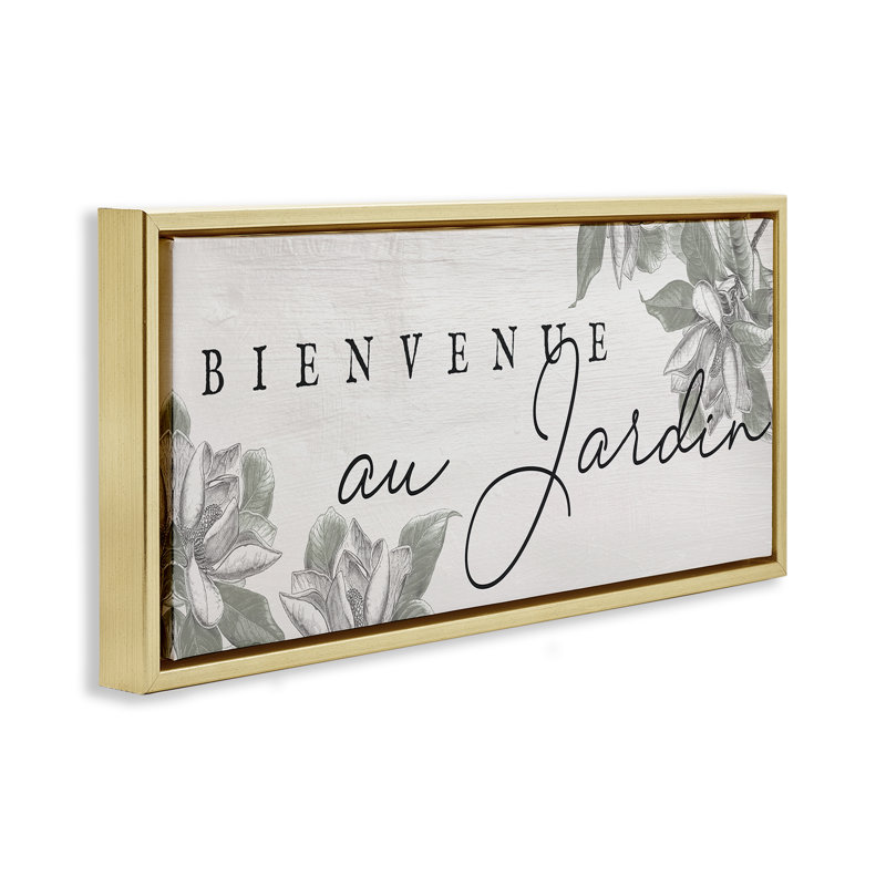  «Vintage Garden Welcome» par Daphne Polselli, H 14 po x l 31 po, Cadre flottant métallique doré