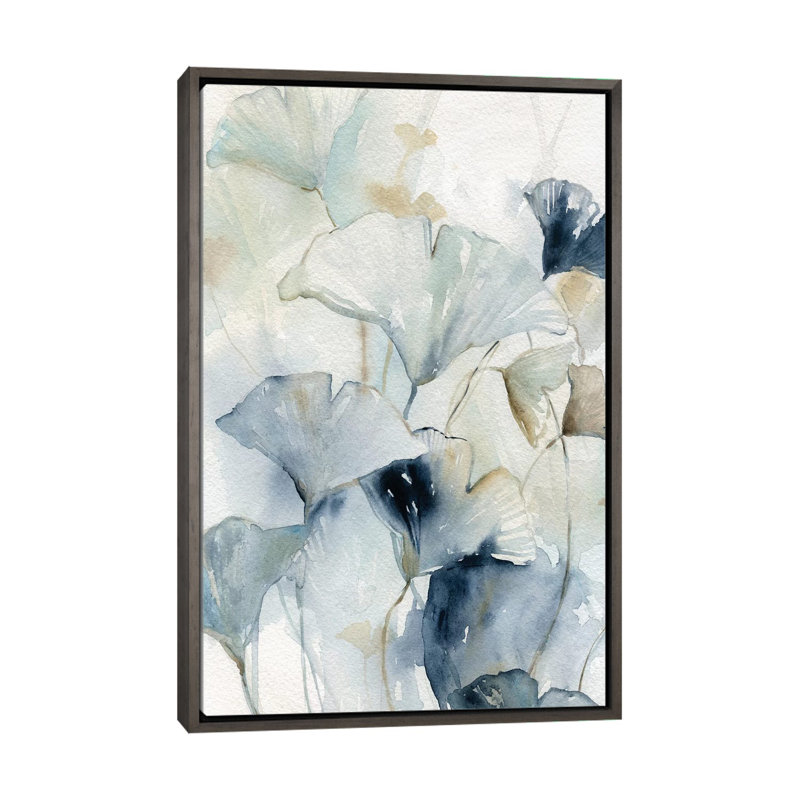 «Indigo Gingko I» par Carol Robinson - reproduction d'art, H 26 po x l 18 po x 1,5 po, Toile encadrée de bois rustique foncé