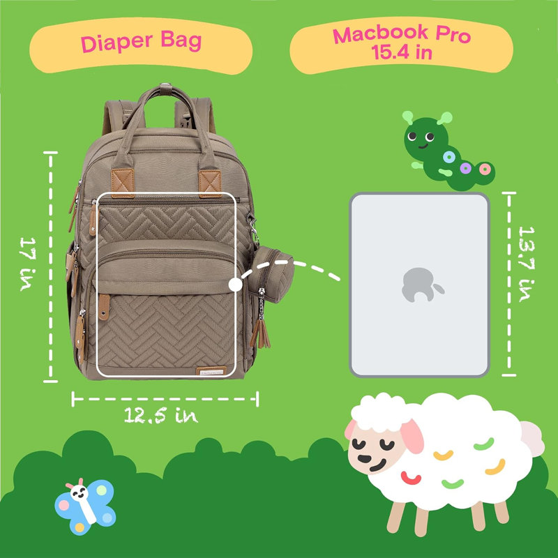  Grand sac à dos à couches, sac pour bébé unisexe 4 en 1 avec pochette, matelas à langer, étui à sucette et sangles, kaki