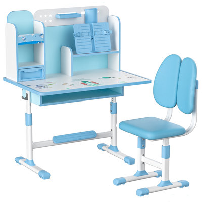 2Pcs/Set Kids Study Desk Chair Set, Height Adjustable Children School Study Table Chair Set with Sitting Corrector, Ergonomic Desk Chair with Book Stand, Foot Pedal, Partition Design (Pink, Blue)