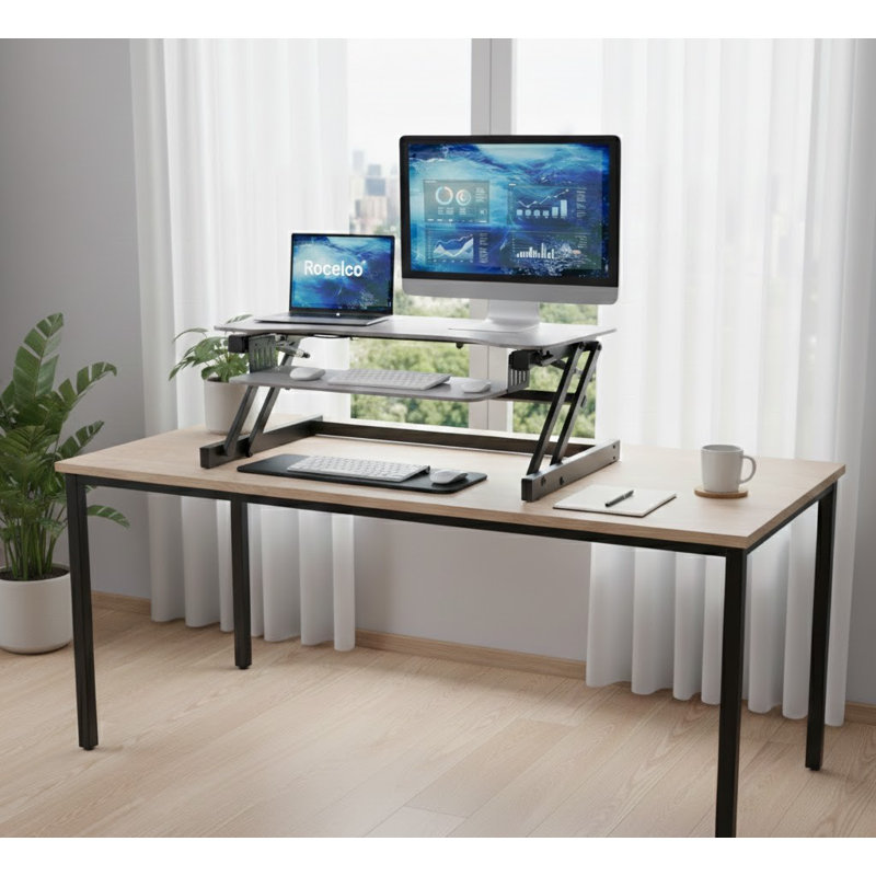  46 in. Black Height Adjustable Corner Standing Desk Converter Dual Monitor Riser with Gas Spring Assist Design, Black