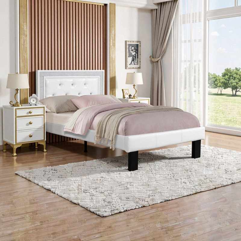 Lit simple tapissier avec tête de lit capitonnée et structure à paillettes, Blanc
