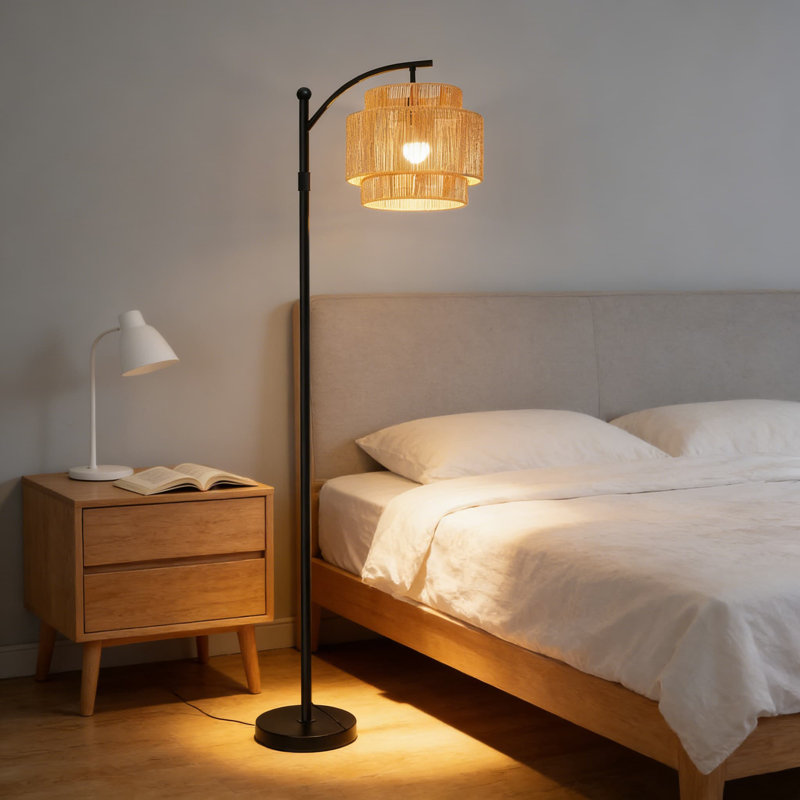 Adjustable Height Floor Lamp With Remote & Foot Switch - Dimmable Rattan Arc Standing Lamp With Rotating Shade, 3 Colour Temperatures For Living Room And Bedroom