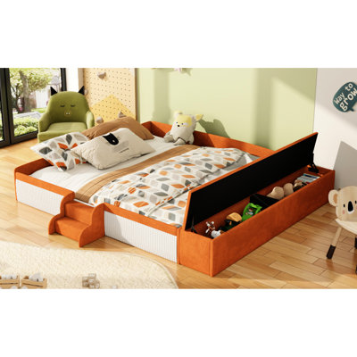 King Size Velvet Daybed With Contrast Color  Brown+White , Side Storage, Padded Guardrails And Stairs For ' Room Decor Upholstered Platform Bed, Velvet, Brown+White Contrast, Gas Lift Storage