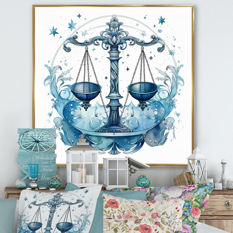 Balance signe zodiaque III sur toile, Cadre flottant doré, H 16 po x l 16 po x P 1 po