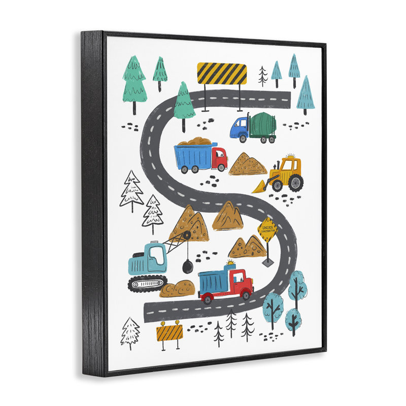"Construction Engins Road", estampe numérique par Jim Baldwin, H 30 po x l 24 po, Giclée encadrée noir minuit