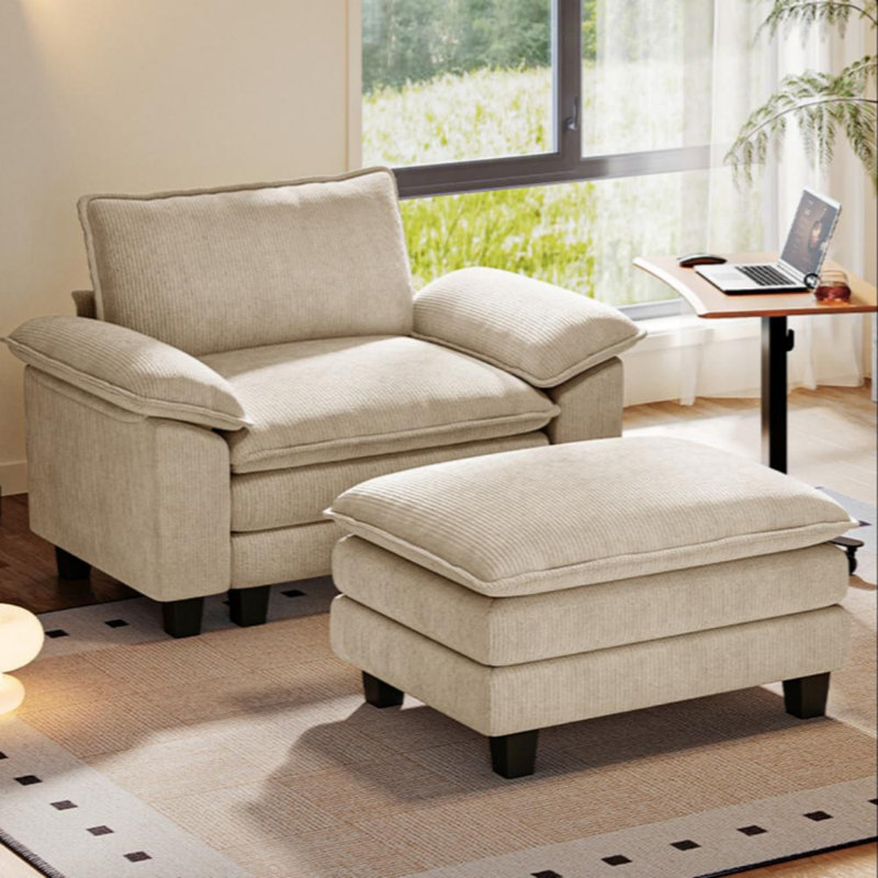  Fauteuil surdimensionné et demi avec repose-pieds Colbey, Velours côtelé beige Lena