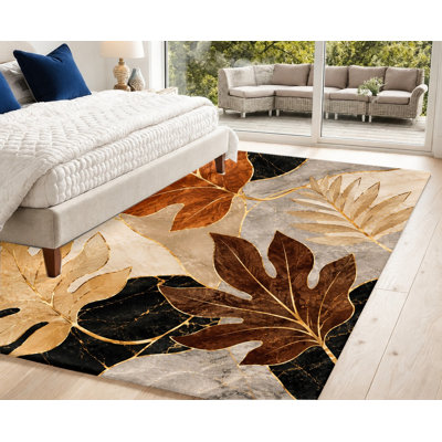 Tapis en velours doré antidérapant à grandes feuilles Golden Outline