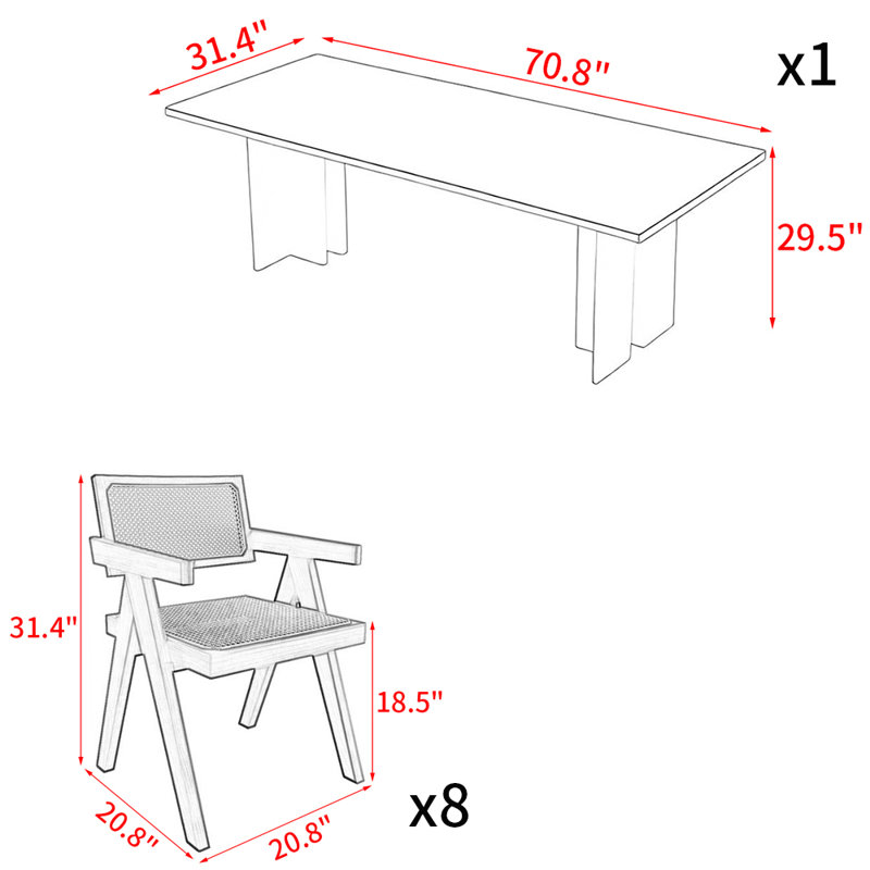 Ensemble de table de salle à manger japonais en bois massif, H 29,5 po x L 70,8 po x l 31,4 po