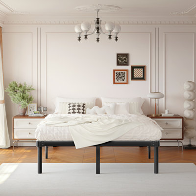 Queen Size Heavy Duty Steel Slat Bed Frame - 16" High Vintage Style,Anti-Sway & Squeak Resistant, No Box Spring Needed