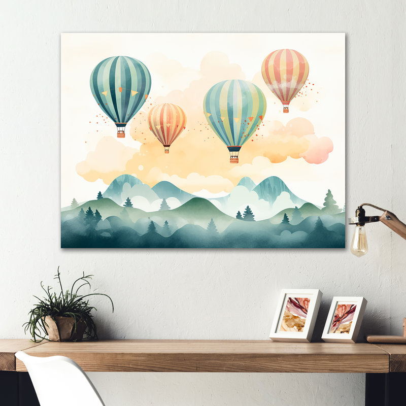 Vert et rouge, aquarelle, montgolfière Horizon IV - montgolfière, art mural en métal, H 16 po x l 32 po x P 1 po