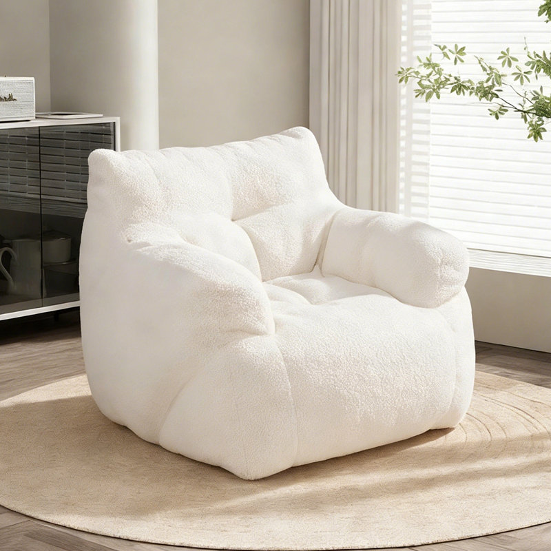 Fauteuil à billes doux pour adulte avec rembourrage en mousse, Similifourrure blanc crème
