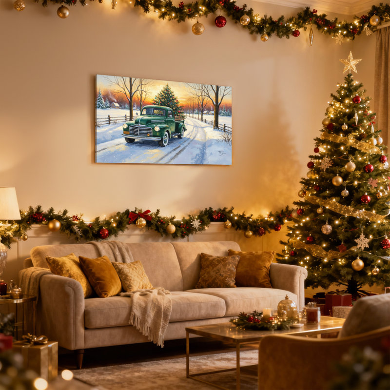 Camion de Noël rétro avec scène de Noël, H 16 po x l 24 po