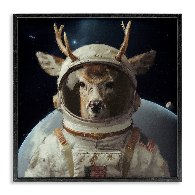«Space Astronaut Deer», art de la giclée encadrée par Sean Parnell, H 12 po x l 12 po, Giclée encadrée noir minuit
