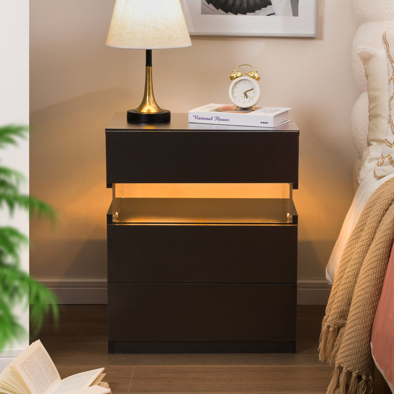 LED Bedside Table Set of 2 with Drawers, Black