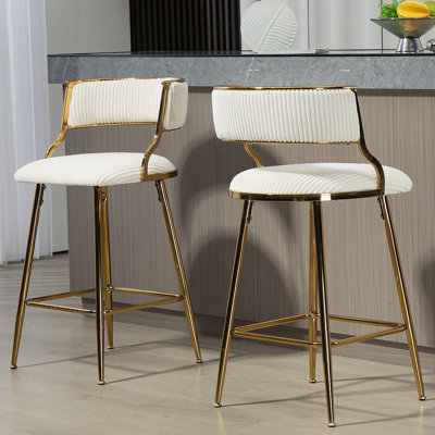 (SET of 2) 26'' Counter height bar stools Corduroy kitchen island counter bar stool with back,golden chromed base and footrest (BEIGE)