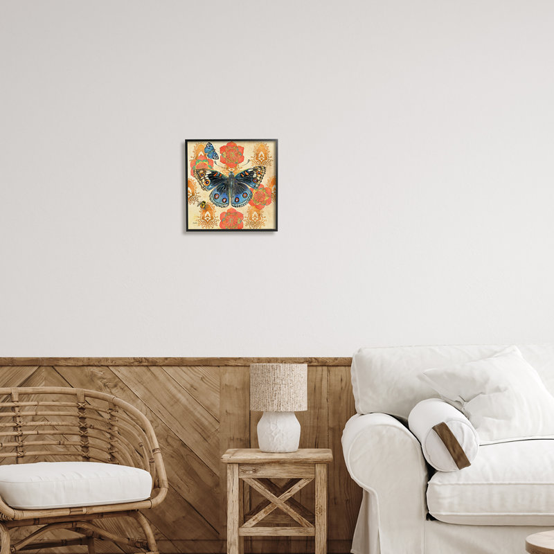"Butterfly Damask Floral Shapes" par Evelia Designs - cadre flottant, impression sur bois, Giclée encadrée noir minuit