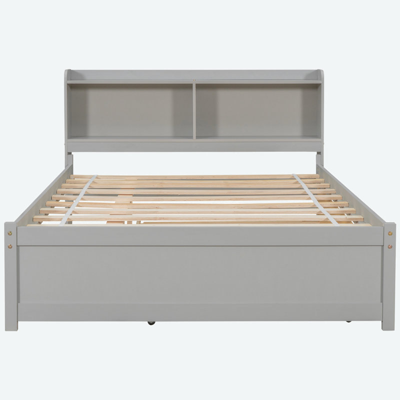 Lit en bois avec bibliothèque et lit gigogne, support en lattes de bois, Simple, Gris
