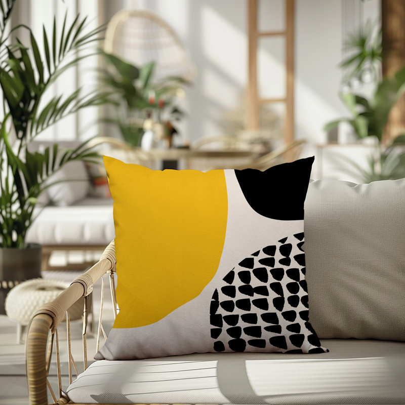 Coussin carré intérieur / extérieur pia, H 15 po x l 15 po, Jaune / noir / blanc cassé