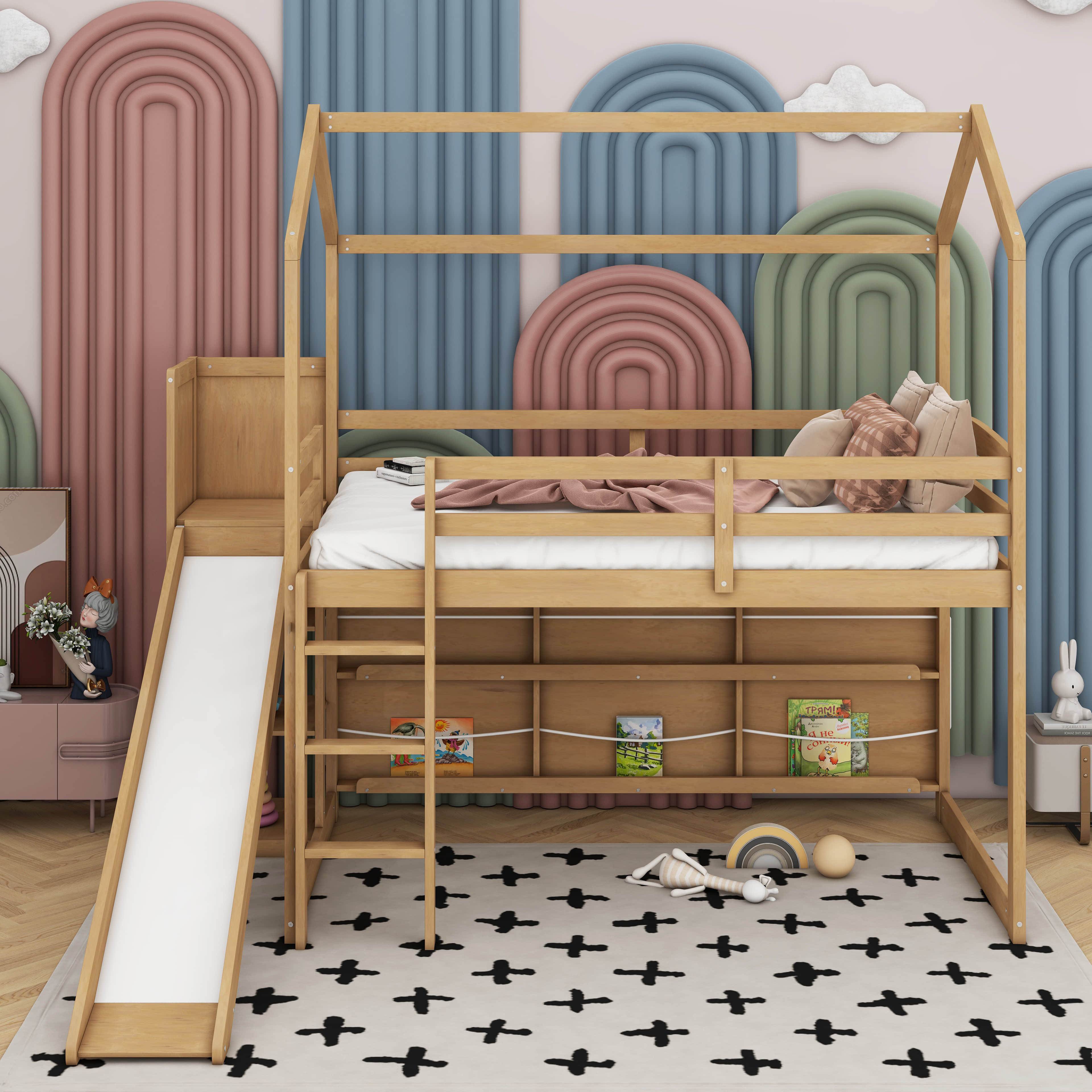 Harper Orchard Twin Size Wood House Loft Bed With Slide, Storage ...