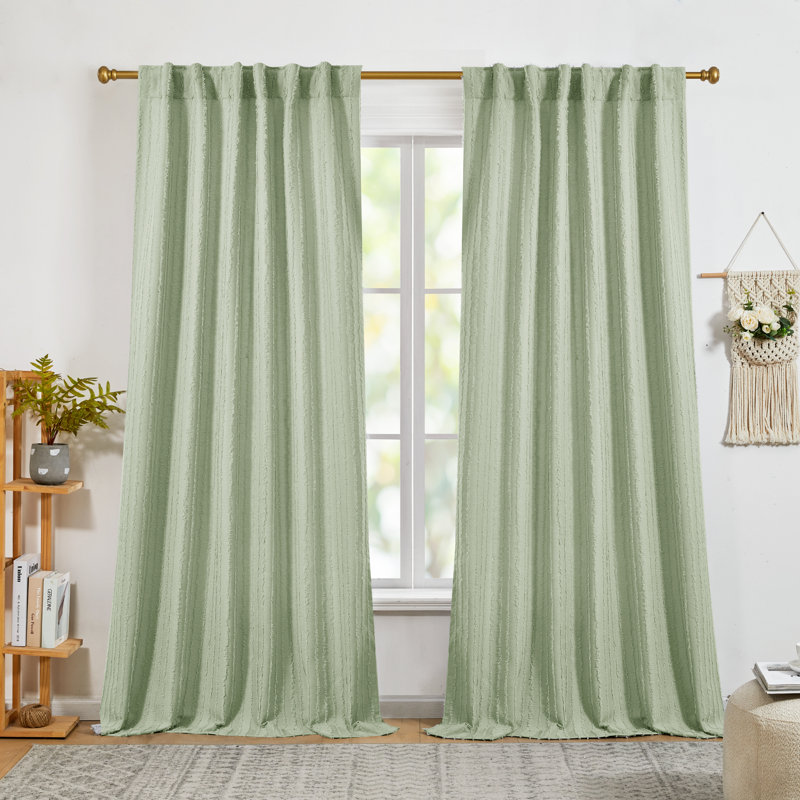 Tufted Stripe Linen Modern Farmhouse Room Darkening Curtains (Set of 2), 52" W x 63" L, Green