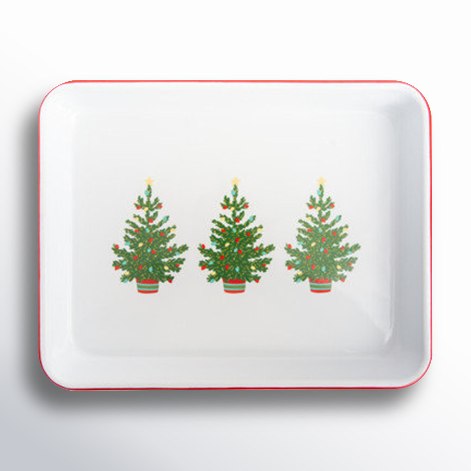 Crow Canyon Enamelware Helmsie x CCH Christmas Trees Small Rectangular Tray, Red Rim