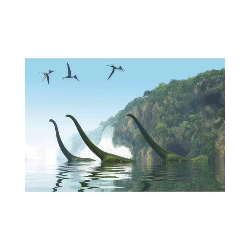 Two Adult Mamenchisaurus Dinosaurs Escort A Youngster Across A River by Corey Ford - Wrapped Canvas Gallery-Wrapped Canvas Giclée