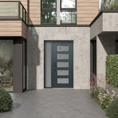 D2 Right-Hand 48 In. X 80 In. Panel Silver Steel Anthracite And Anthracite Frosted Glass With Sidelite Frosted Glass Prehung Front Entry Door