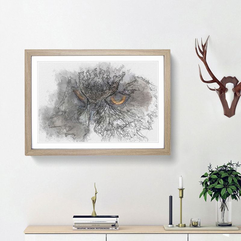 A Great Horned Owl in Abstract - Picture Frame Graphic Art Print, 36cm H x 48cm W x 2cm D, Oak Framed