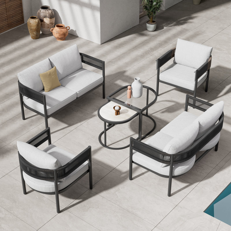 Maine Defino 6 Piece Steel Wicker Seating Group With Cushions, Mixed Gray Beige/Black Arm