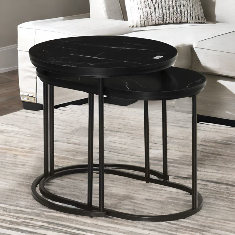 Anamaris 2PC Nesting Tables With Faux Marble Tabletop Living Room Furniture 