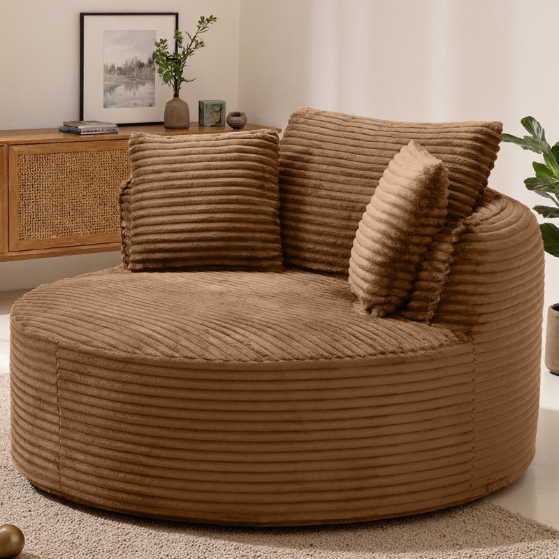 Chaise d'appoint ronde moderne avec 3 coussins - Velours côtelé, confort pour la maison ou le bureau, Orange